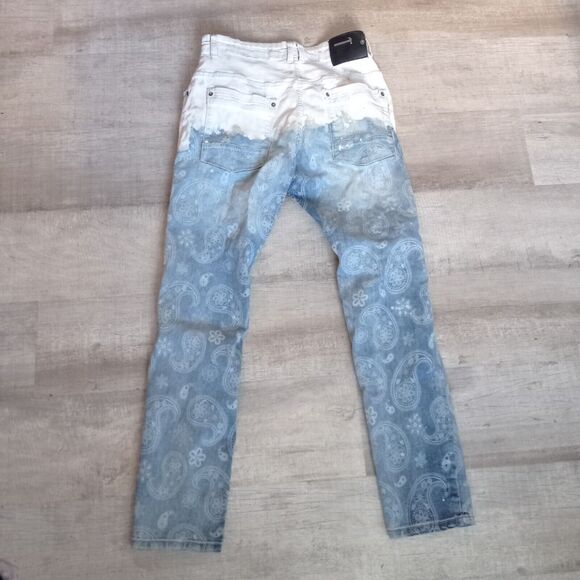 Copper Rivet Jeans Bandana Print Paint Dip Ripped Slim Fit Blue Pants 36/32 - Picture 6 of 6